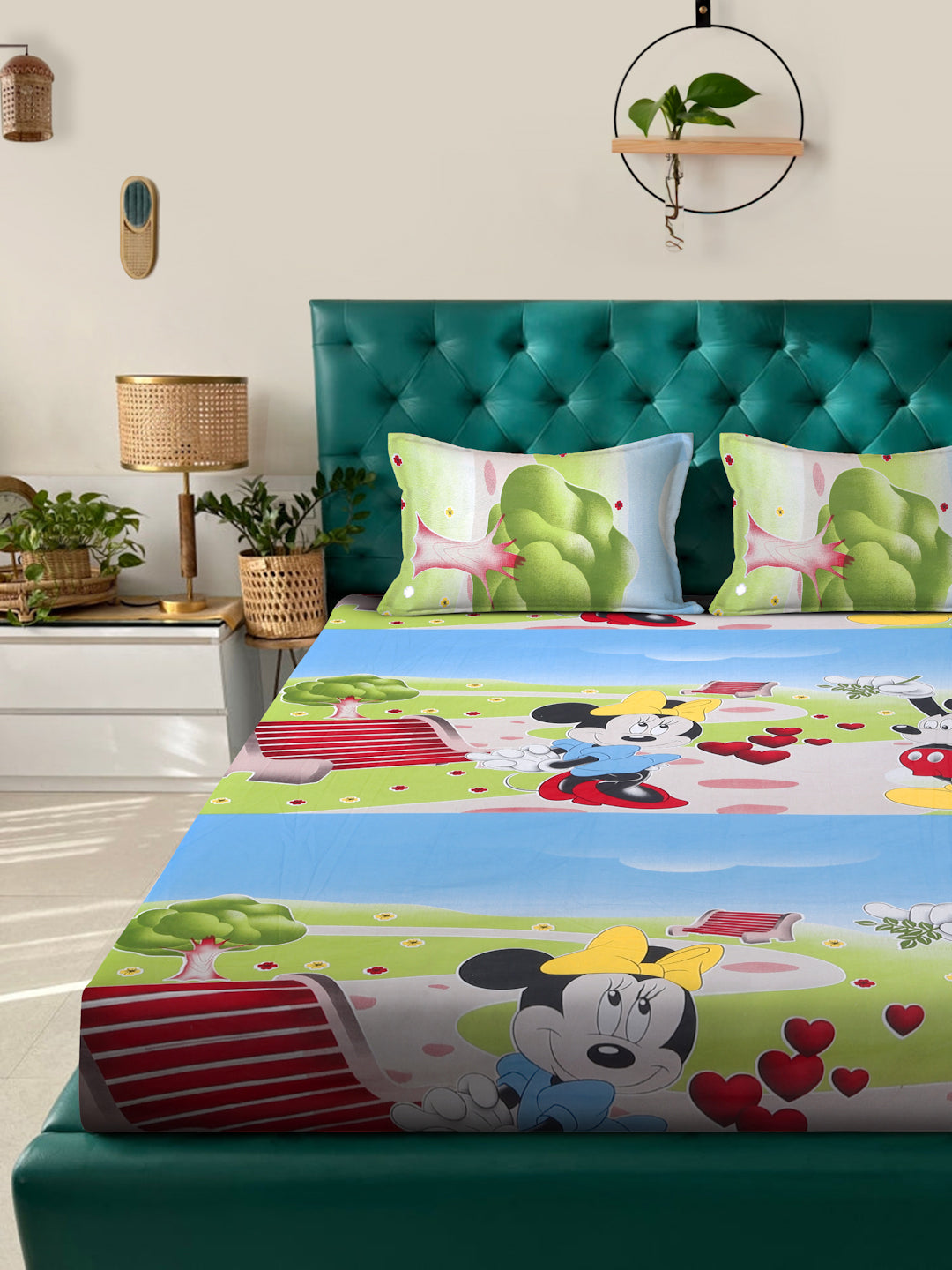 Klotthe Green Cartoon Characters 400 TC Pure Cotton Double Bedsheet with 2 Pillow Covers