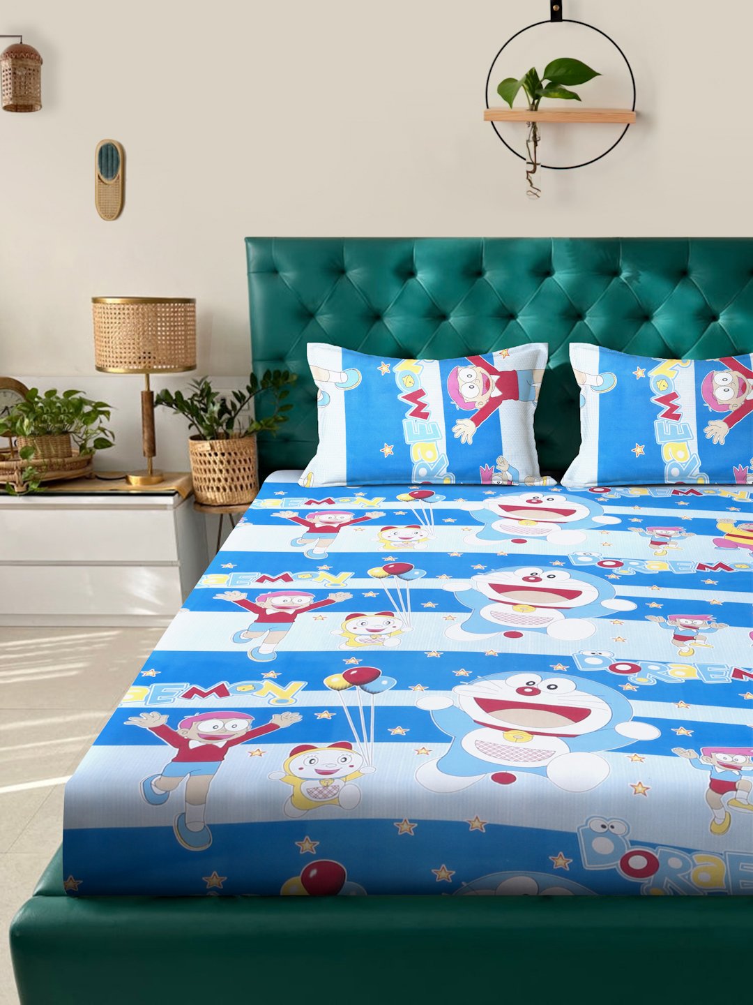 Blue Cartoon Characters 400 TC Pure Cotton Fitted Double Bedsheet with 2 Pillow Covers