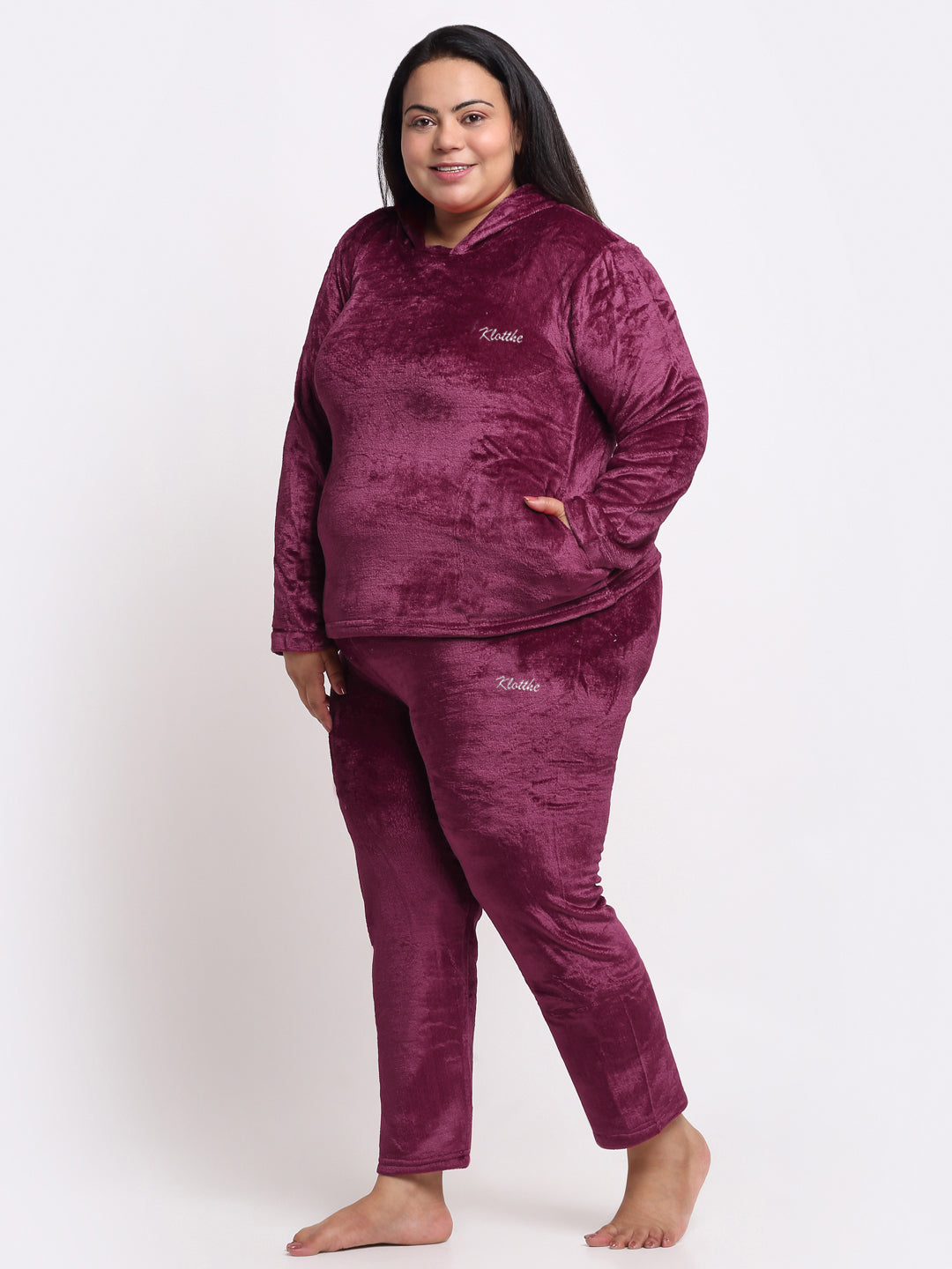 Klotthe Women Maroon Solid Wool Blend Hooded Night Suit