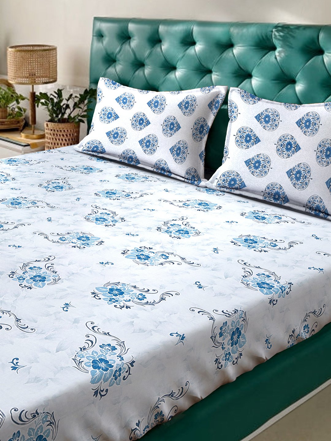 Blue Floral 400 TC Pure Cotton Fitted Double Bedsheet with 2 Pillow Covers