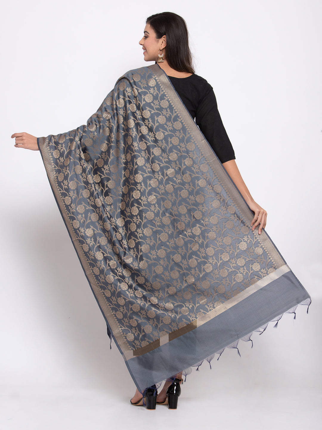 KLOTTHE Women Grey Floral Silk Blend Dupatta (230 cm X 90 cm)