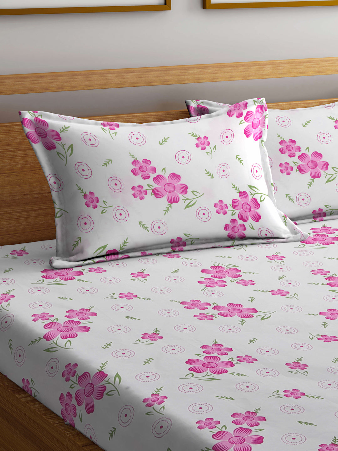 Klotthe Multicolor Floral 300 TC Cotton Blend Fitted Double Bedsheet with 2 Pillow Covers