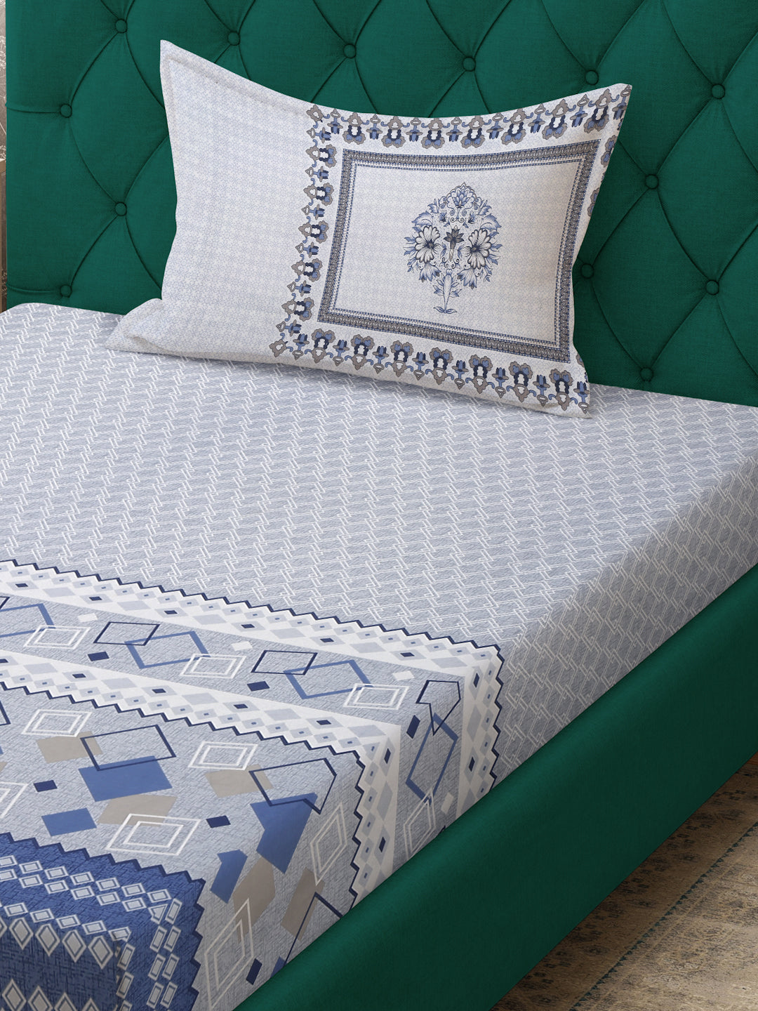 Klotthe Blue Geometric 400 TC Pure Cotton Fitted Single Bedsheet with Pillow Cover