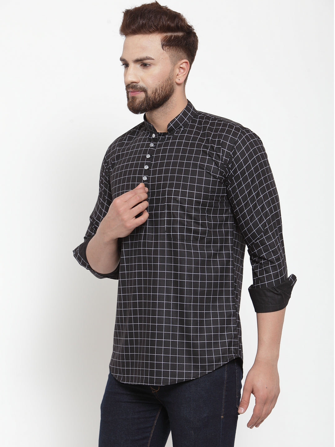 Black Cotton Checked Party Kurtas