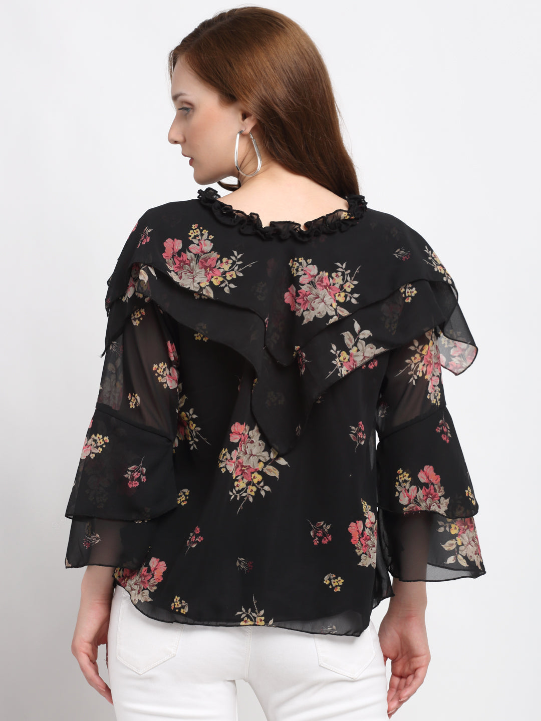 Klotthe Women Black Floral Georgette Top