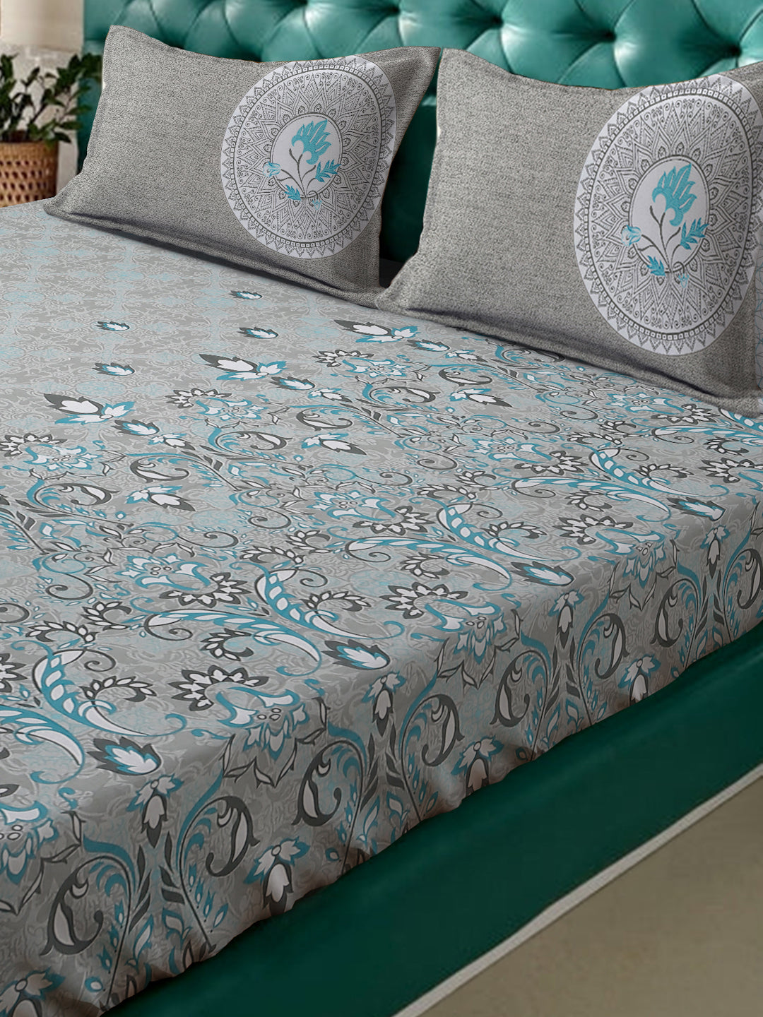 Klotthe Grey Floral 400 TC Pure Cotton Fitted Super King Double Bedsheet with 2 Pillow covers