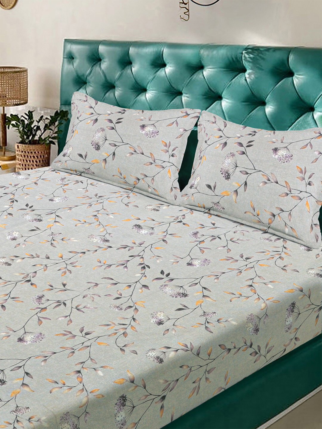 Grey Floral 300 TC Cotton Blend Fitted Double Bedsheet with 2 Pillow Covers