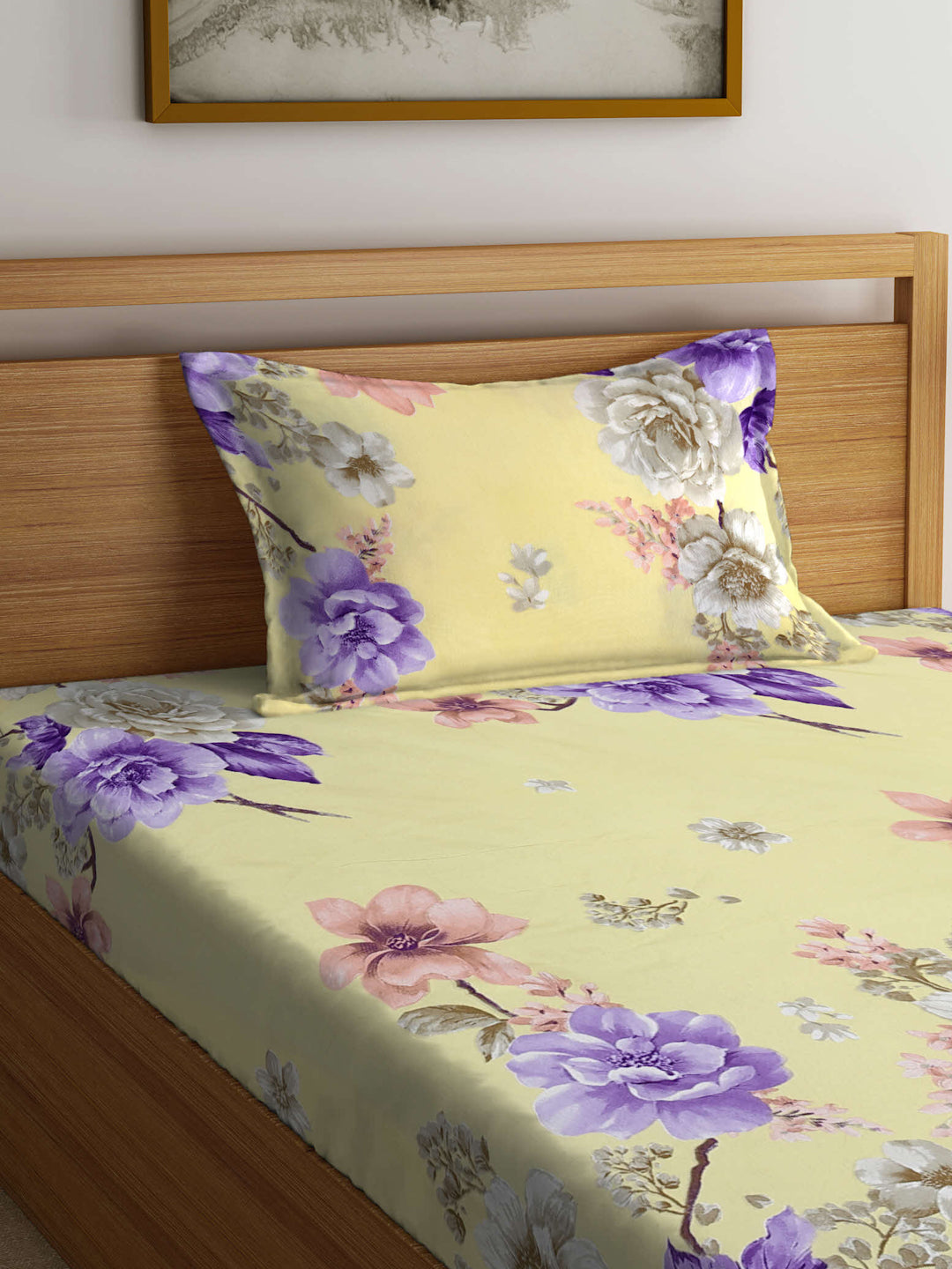 Klotthe Yellow Floral 300 TC Cotton Blend Single Bedsheet with Pillow Cover