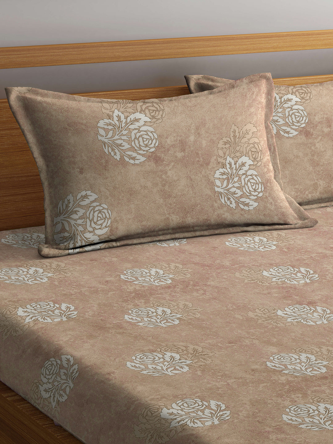 Klotthe Beige Floral 400 TC Pure Cotton Fitted Double Bedsheet with 2 Pillow Covers