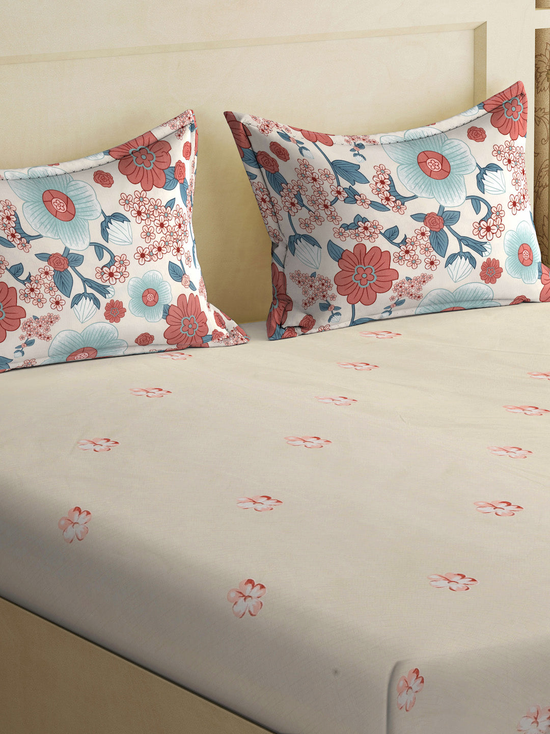 Klotthe Beige Floral 300 TC Cotton Blend Fitted Double Bedsheet with 2 Pillow Covers