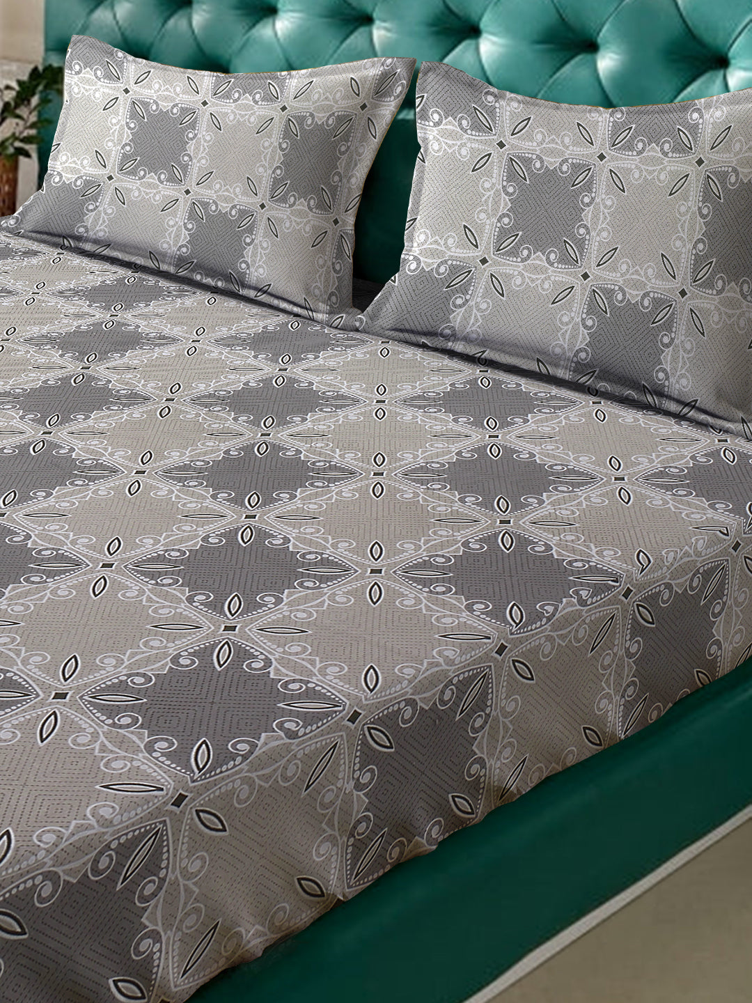 Klotthe Grey Floral 400 TC Pure Cotton Fitted Double Bedsheet with 2 Pillow Covers