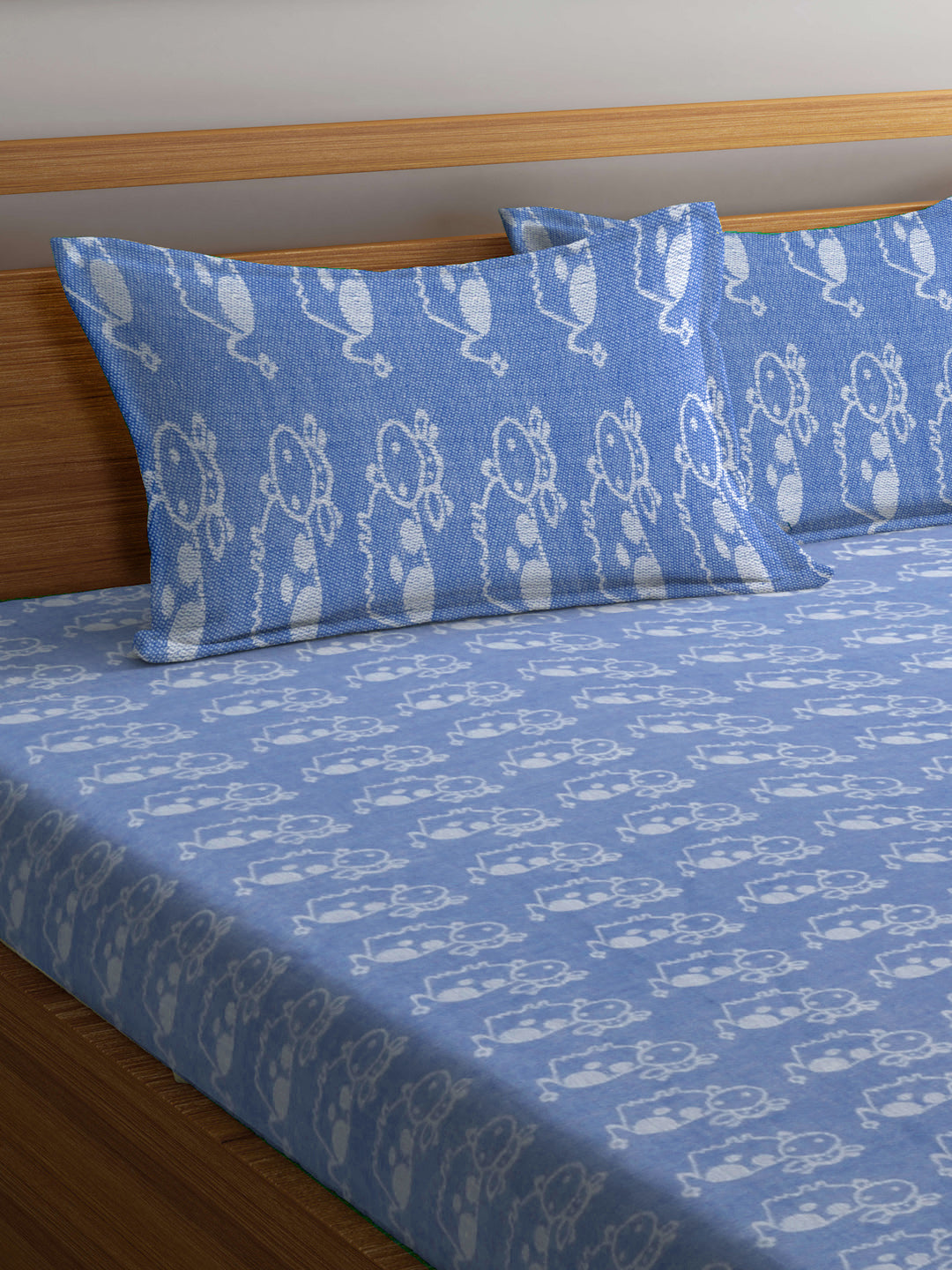 Klotthe Blue Cartoon Characters Pure Cotton Woven Design Double Bed Sheet with 2 Pillow Covers