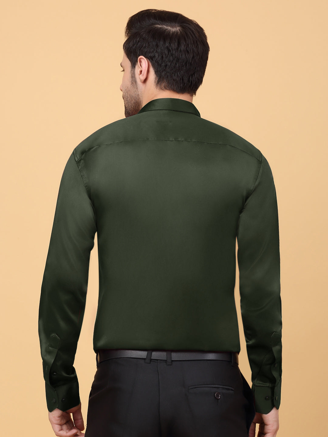 Klotthe Men Olive Solid Spread Collar Satin Formal Shirt