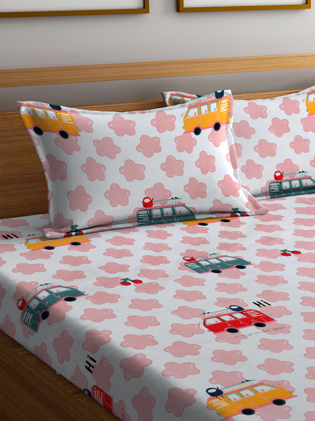 Klotthe Multi Cartoon Characters 300 TC Cotton Blend Fitted Double Bedsheet with 2 Pillow Covers