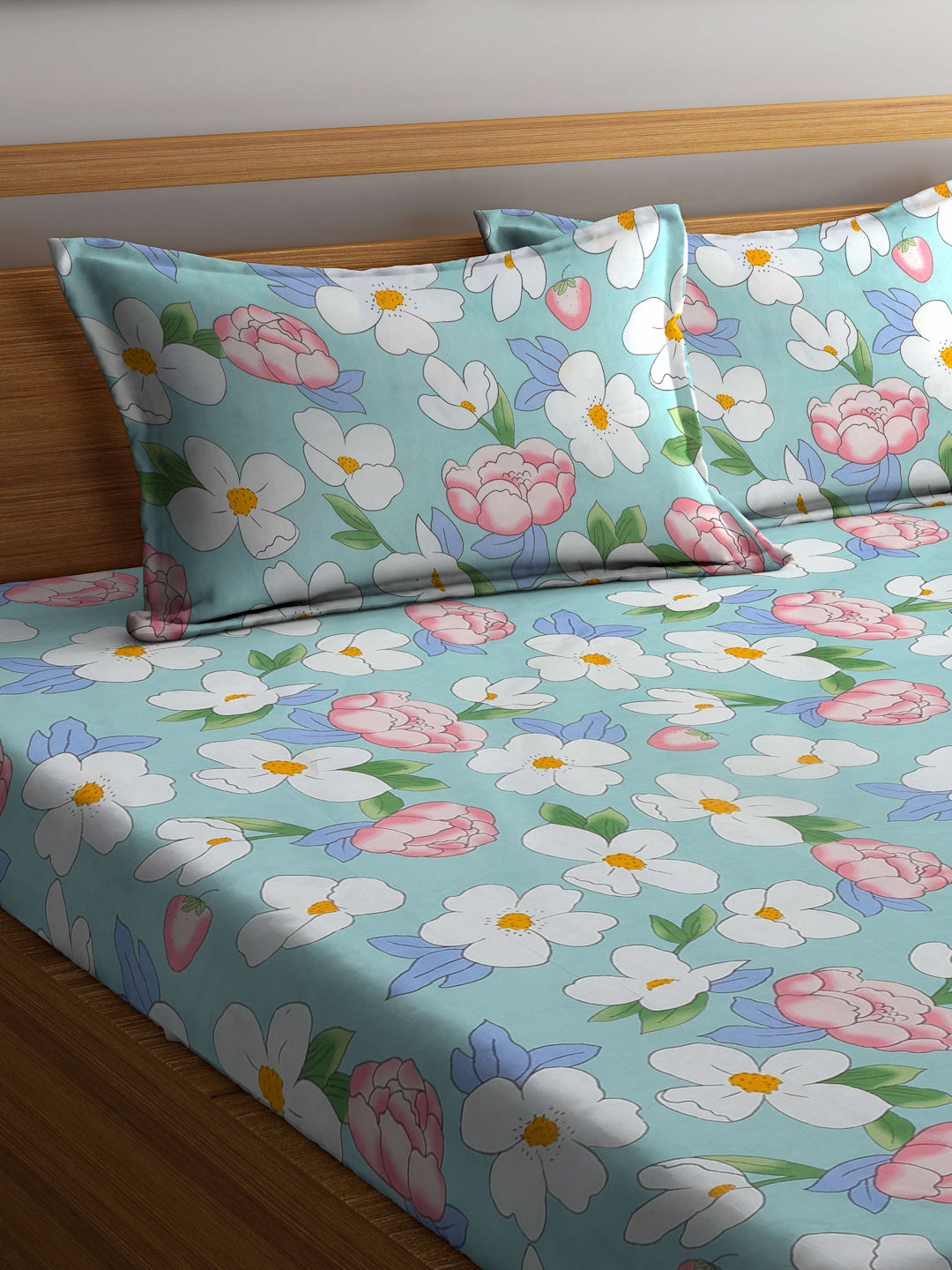 Klotthe Multicolor Floral 300 TC Cotton Blend Fitted Double Bedsheet with 2 Pillow Covers