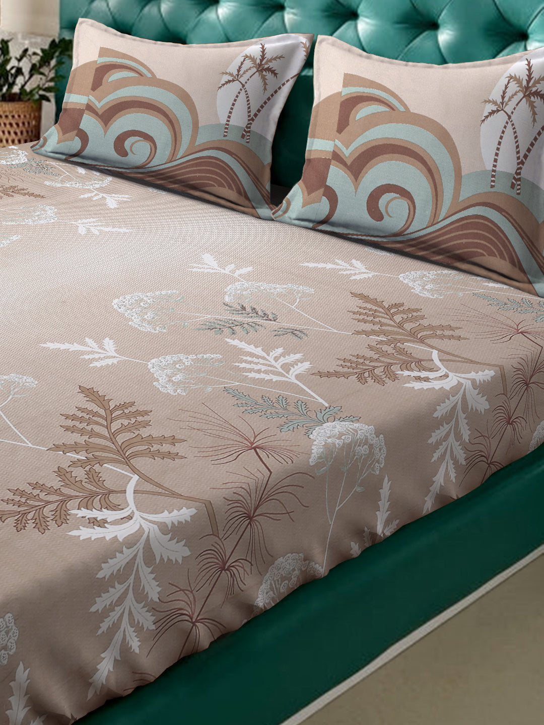 Klotthe Beige Floral 400 TC Pure Cotton Super King Double Bedsheet with 2 Pillow covers