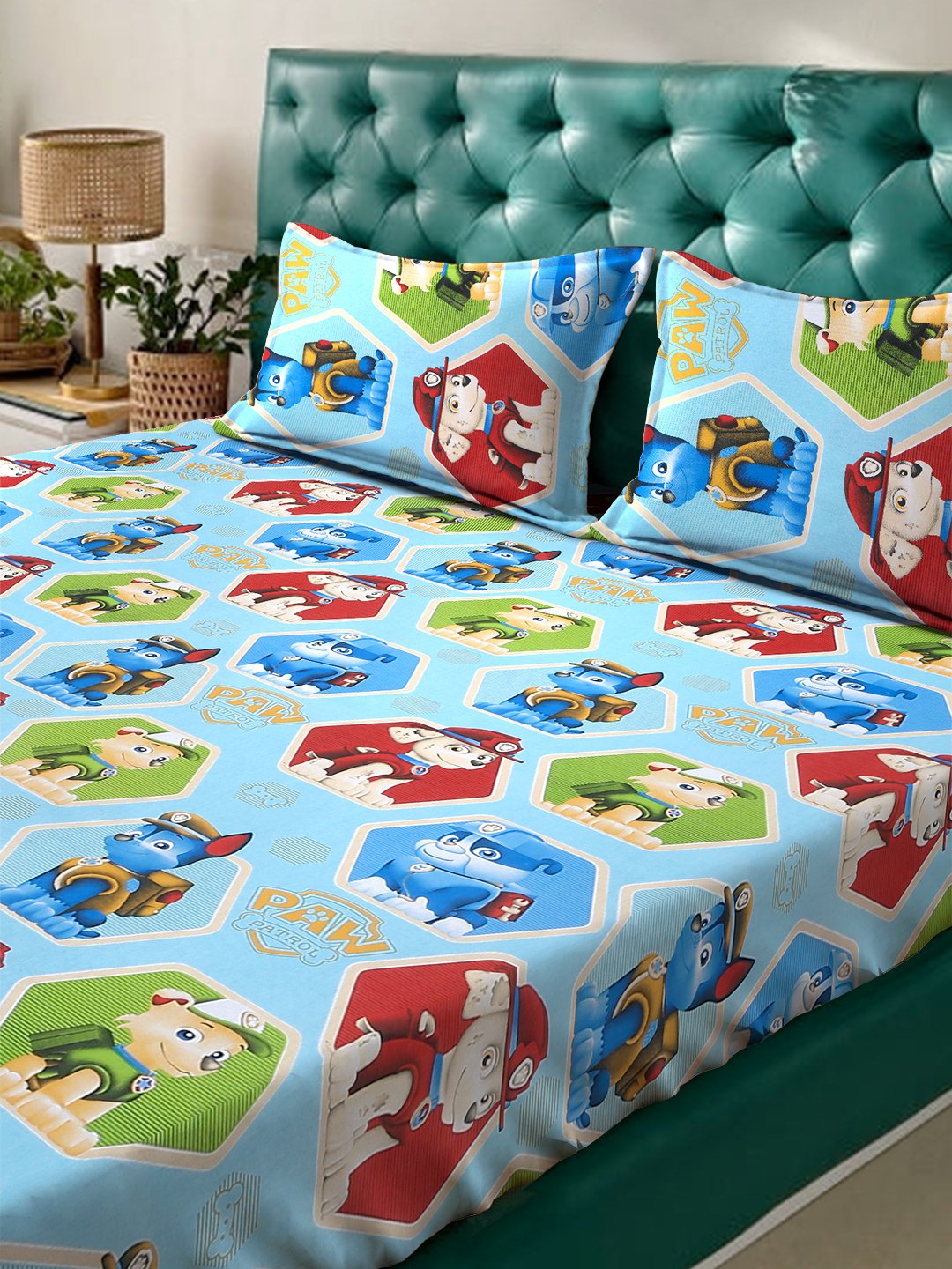 Blue Cartoon Characters 400 TC Pure Cotton Fitted Double Bedsheet with 2 Pillow Covers