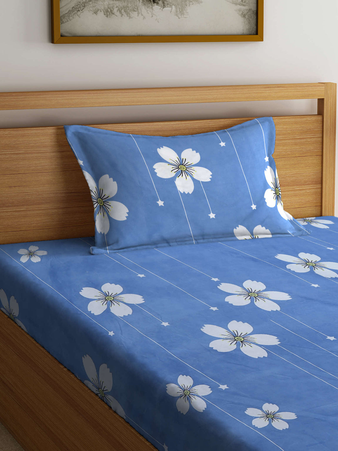 Klotthe Blue Floral 300 TC Cotton Blend Single Bedsheet with Pillow Cover