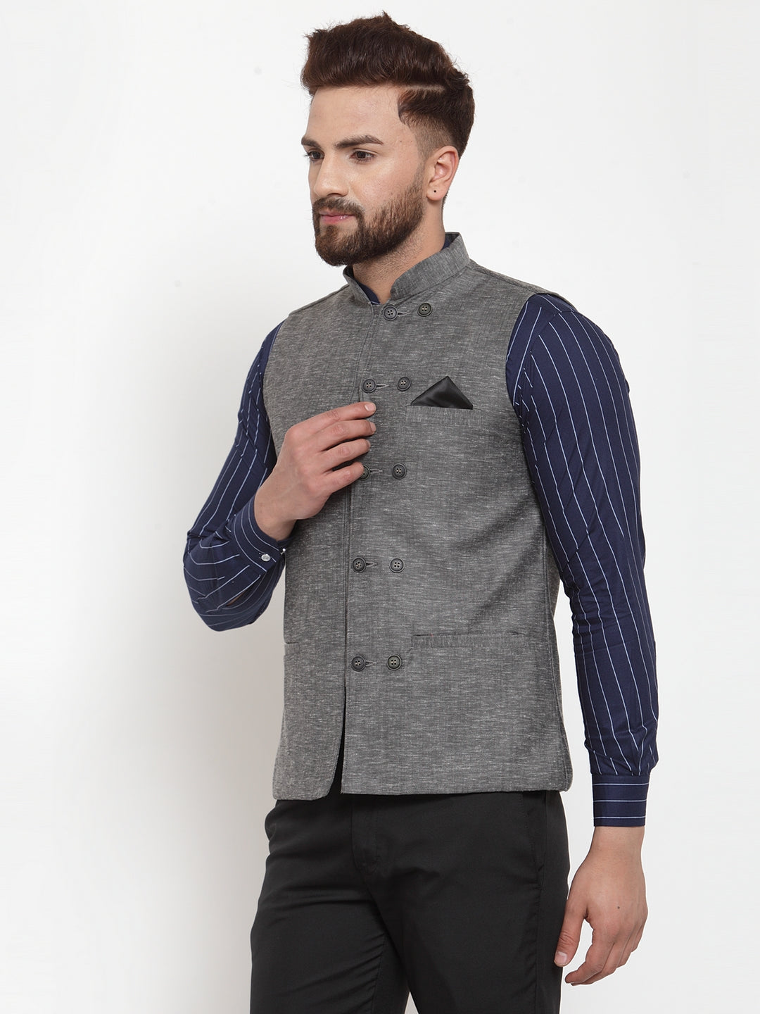 Grey Pure Cotton Party Nehru Jackets