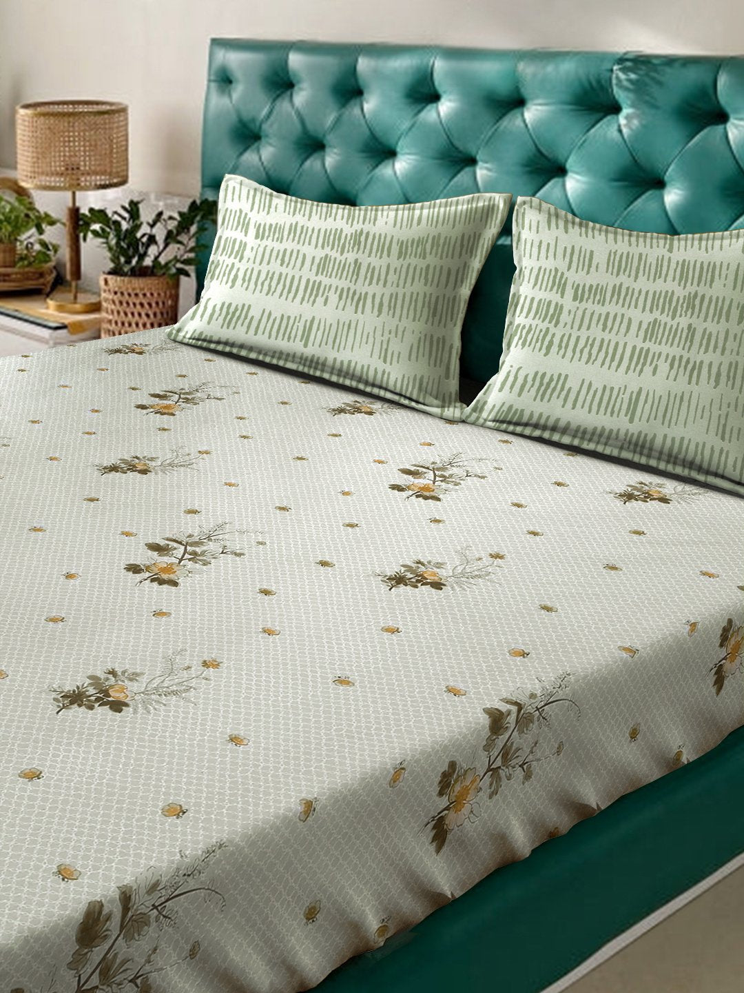 Green Floral 400 TC Pure Cotton Fitted Double Bedsheet with 2 Pillow Covers