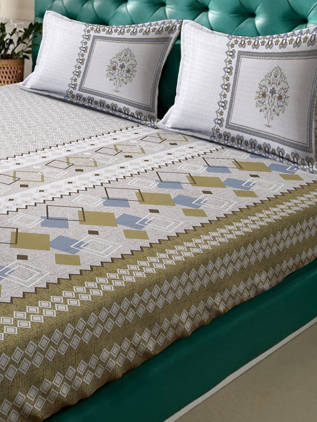 Klotthe Grey Geometric 400 TC Pure Cotton Fitted Super King Double Bedsheet with 2 Pillow covers