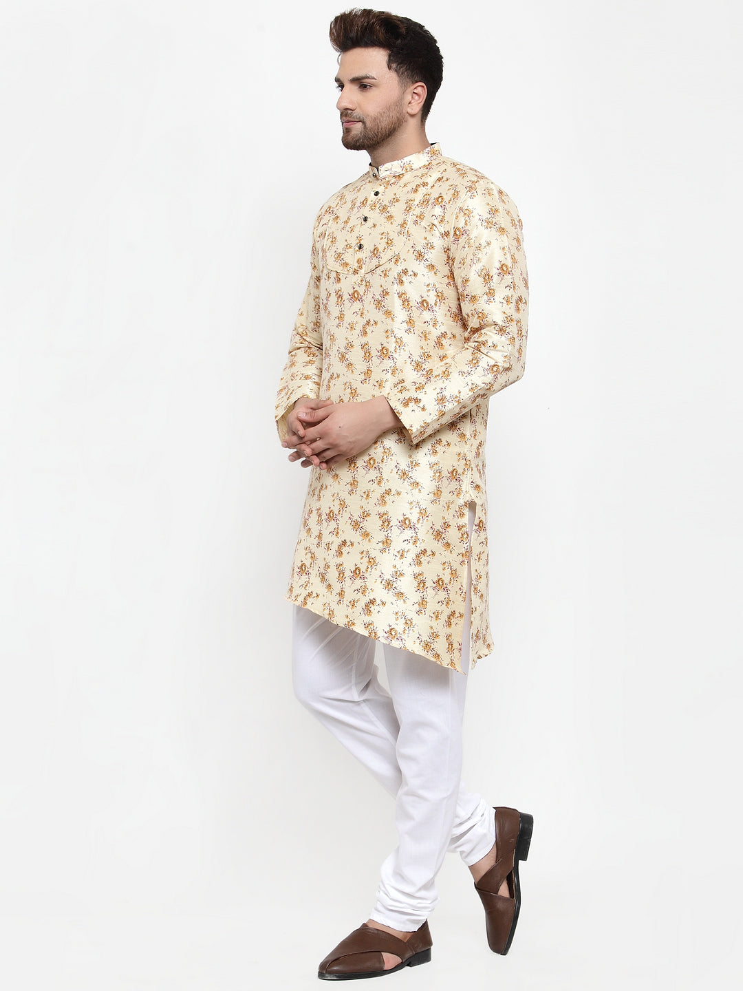 Beige Silk Floral Party Kurtas