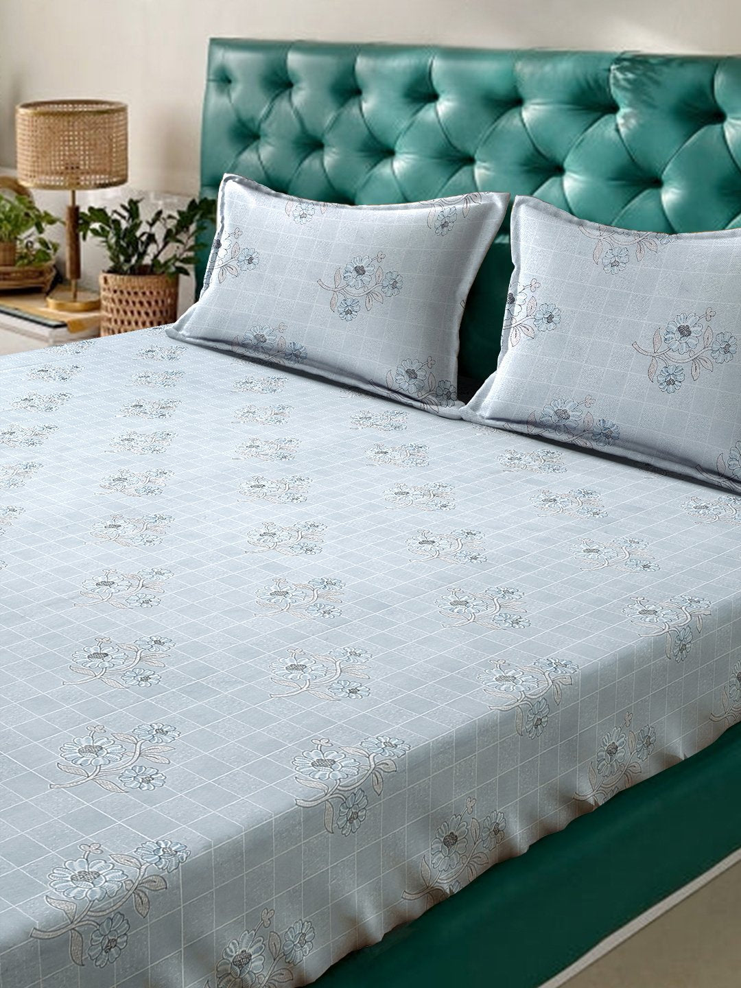Grey Floral 400 TC Pure Cotton Fitted Double Bedsheet with 2 Pillow Covers