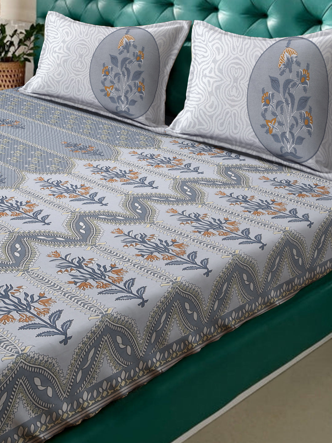 Klotthe Grey Floral 400 TC Pure Cotton Fitted Super King Double Bedsheet with 2 Pillow covers