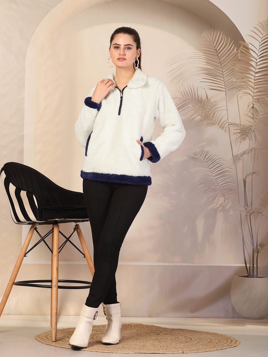 Klotthe Women Cream Solid Woolen Fur Winter Jacket