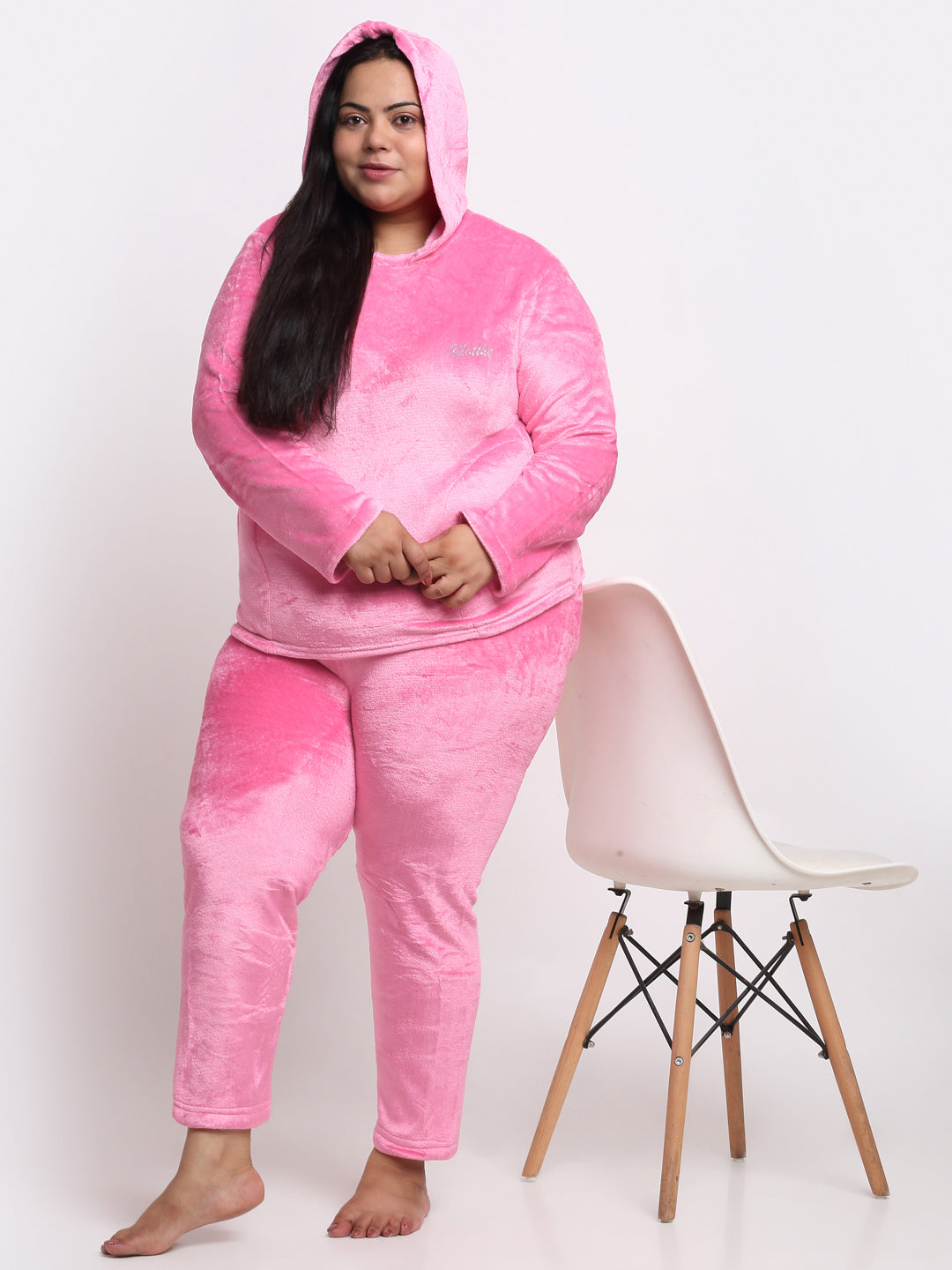 Klotthe Women Light Pink Solid Wool Blend Hooded Night Suit