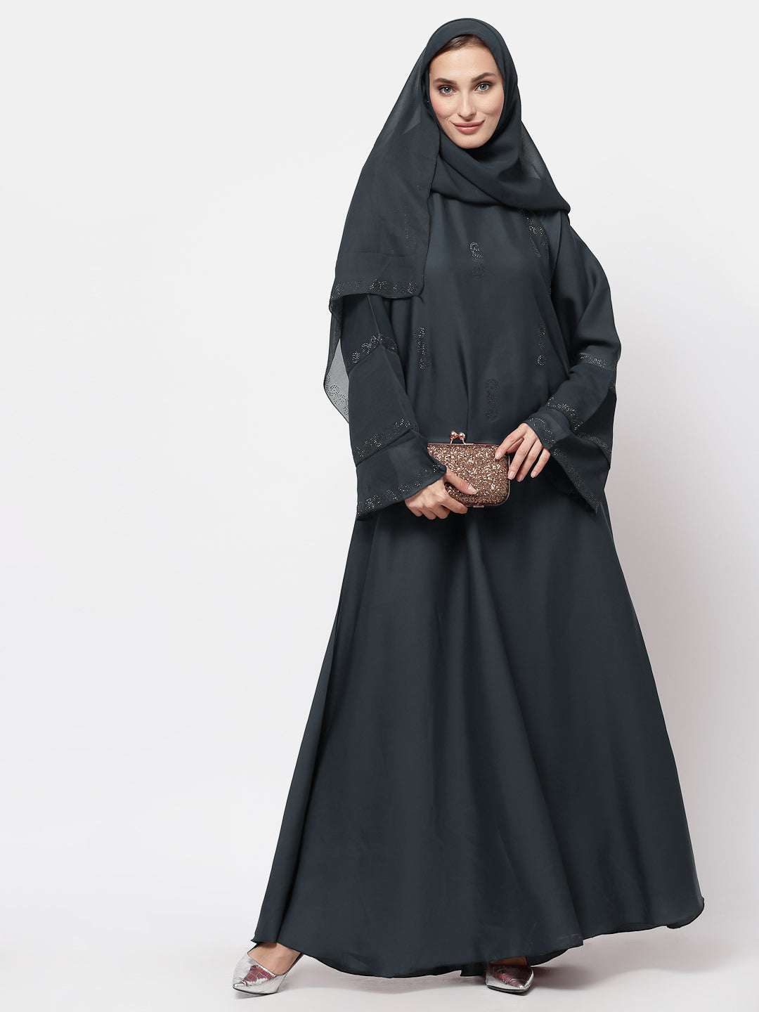 Klotthe Women Grey Embellished Burqa With Scarves