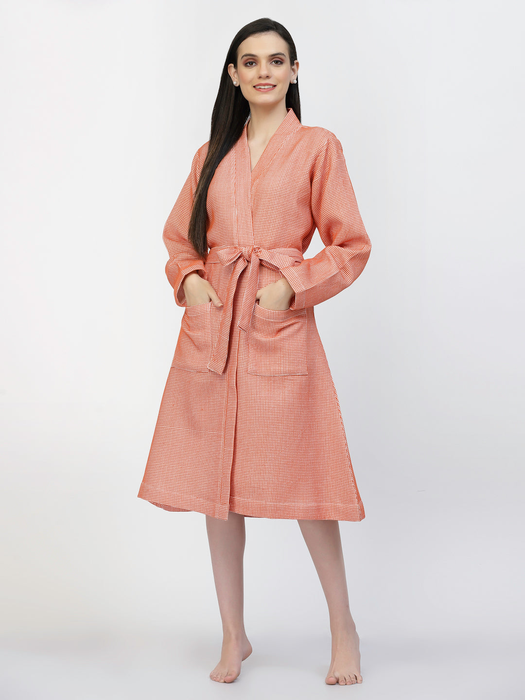 Klotthe Women Orange Checked Cotton Bath Robe With Belt