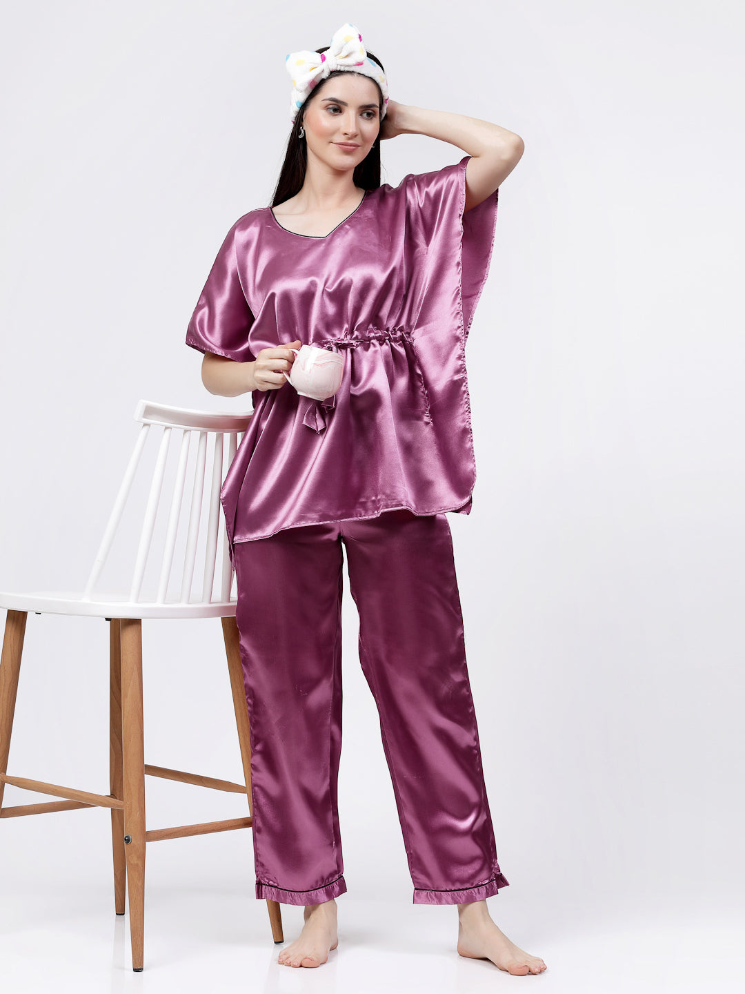 Klotthe Women Pink Solid Satin Kaftan Night Suit by KLOTTHE