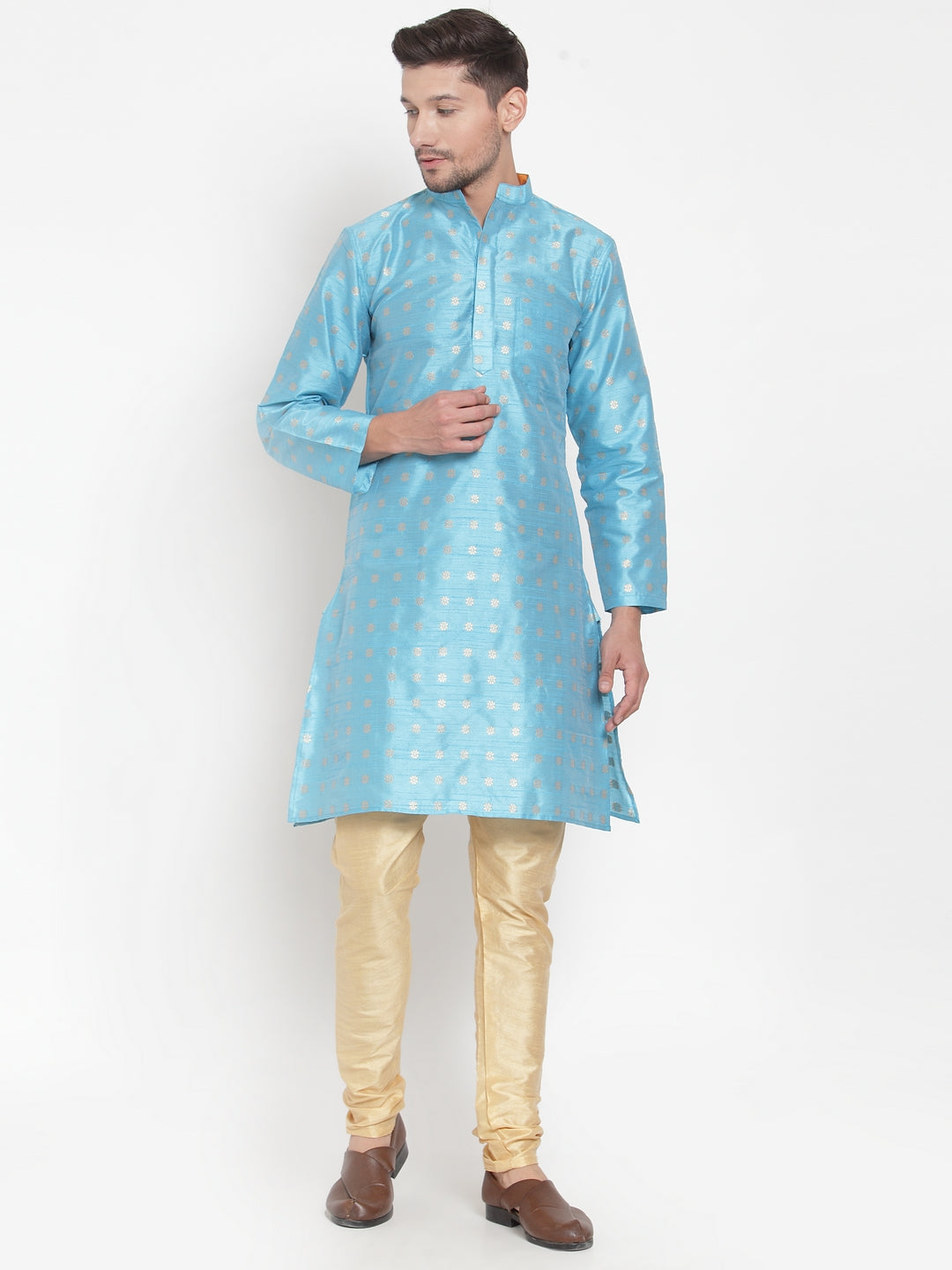 Blue Cotton Silk Floral Party Kurtas