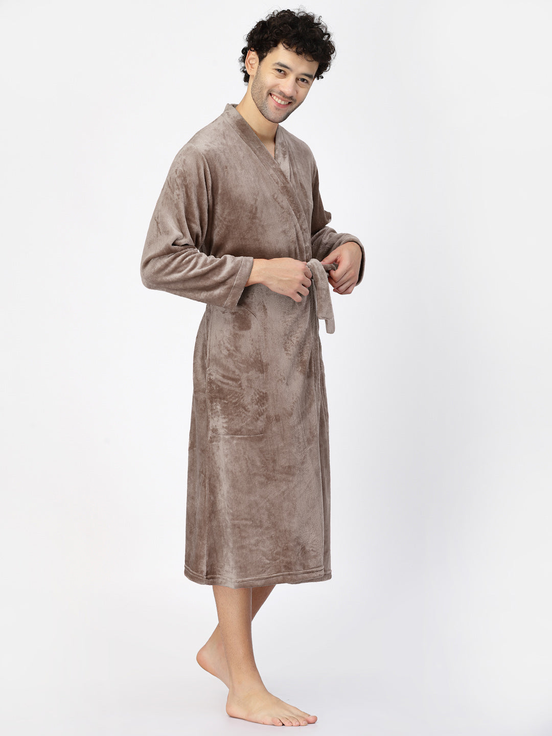 Klotthe Men Beige Solid Bath Robe With Belt