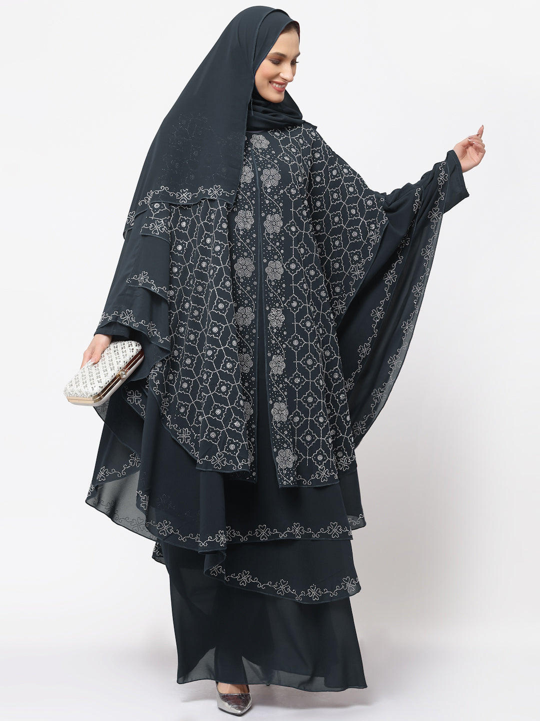 Klotthe Women DarkGrey Embellished Burqa With Scarves