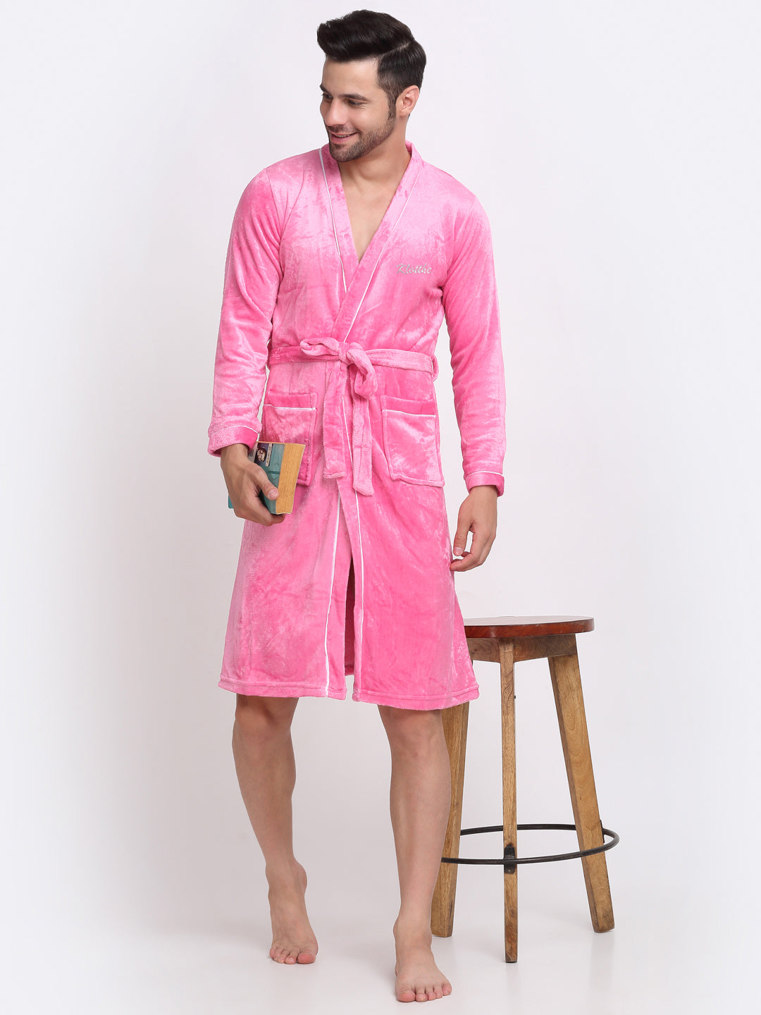 Klotthe Men Light Pink Solid Wool Bath Robe With Belt