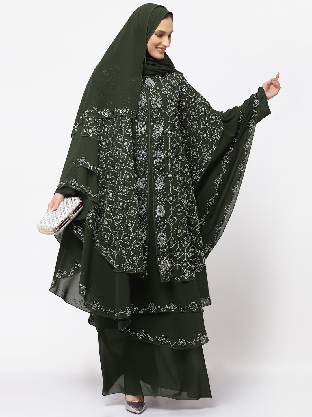 Klotthe Women Olive Embellished Burqa With Scarves