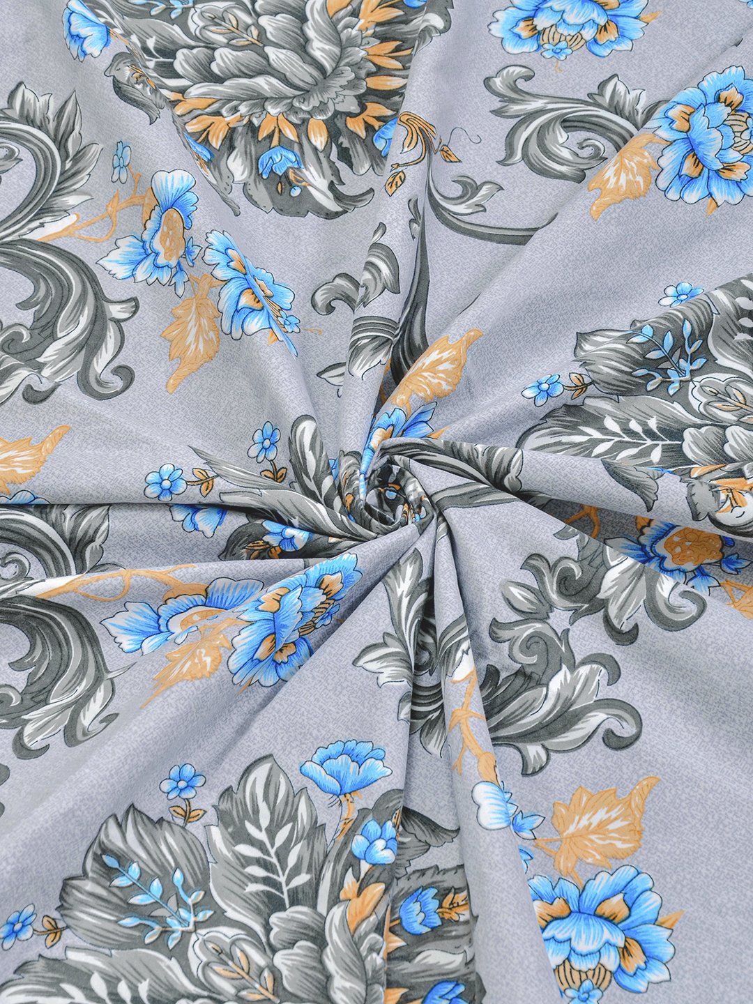 Grey Floral 300 TC Cotton Blend Fitted Double Bedsheet with 2 Pillow Covers