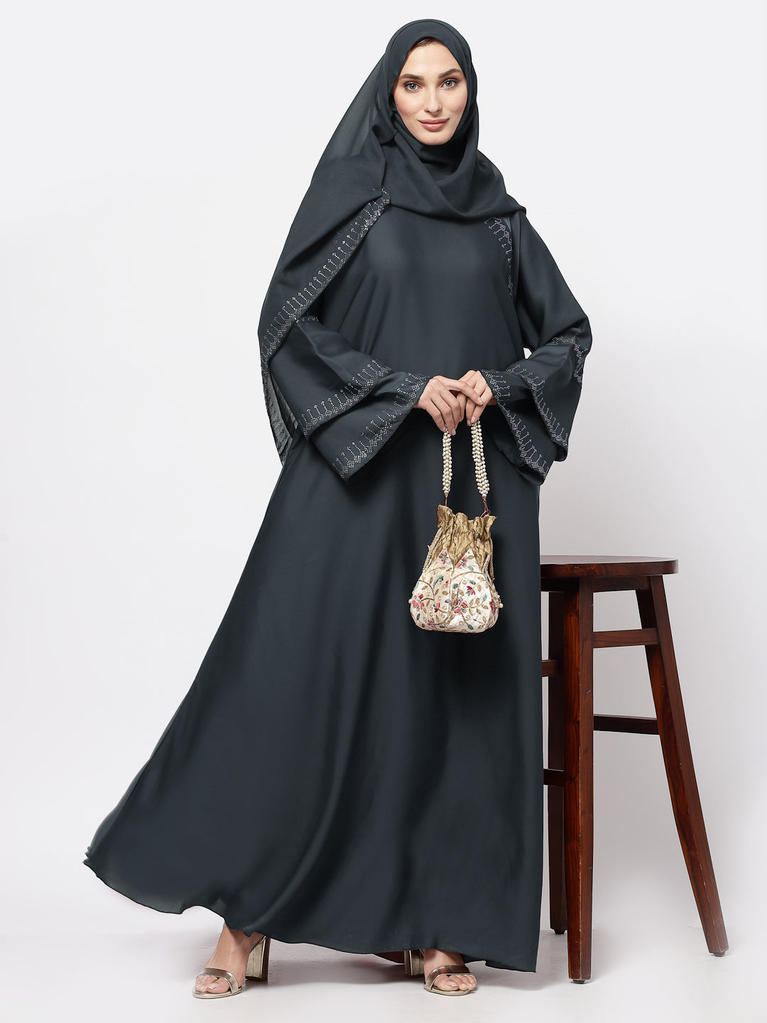 Klotthe Women Grey Embellished Burqa With Scarves