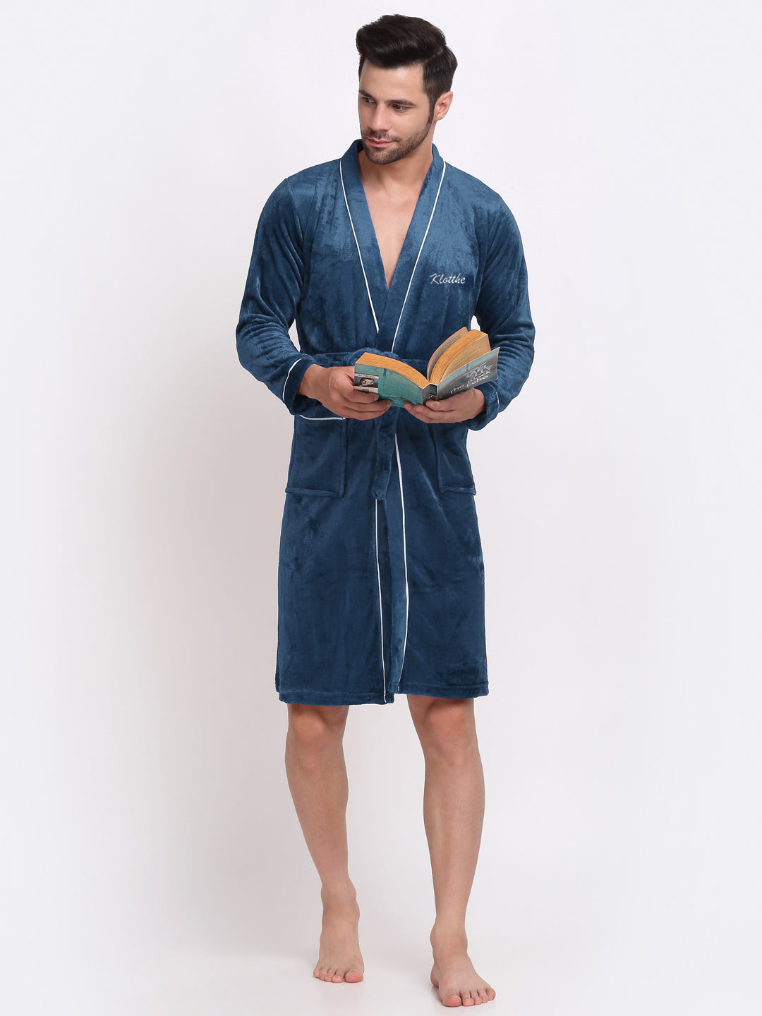 Klotthe Men Turquoise Solid Wool Bath Robe With Belt