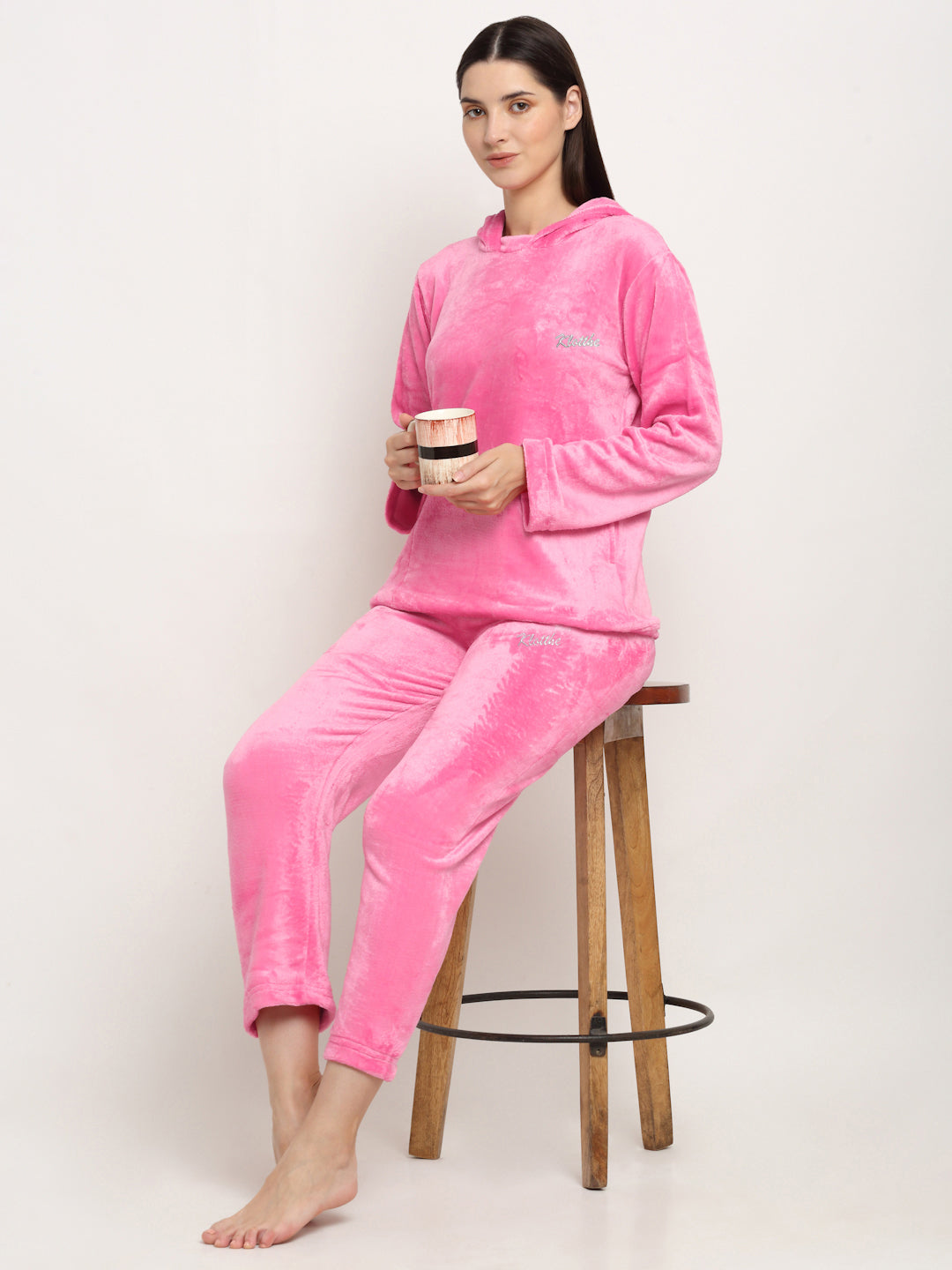 Klotthe Women Light Pink Solid Wool Blend Hooded Night Suit