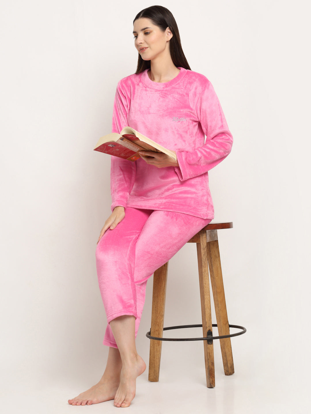 Klotthe Women Light Pink Solid Wool Blend Night Suit