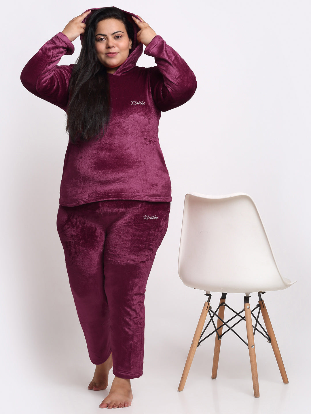 Klotthe Women Maroon Solid Wool Blend Hooded Night Suit