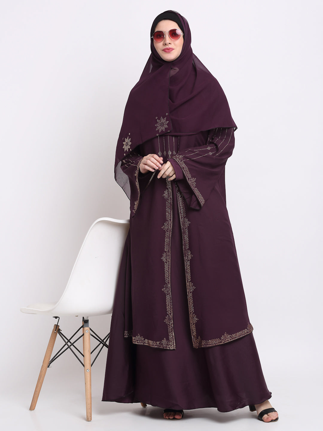 Klotthe Women Burgundy Embellished Burqa With Scarves