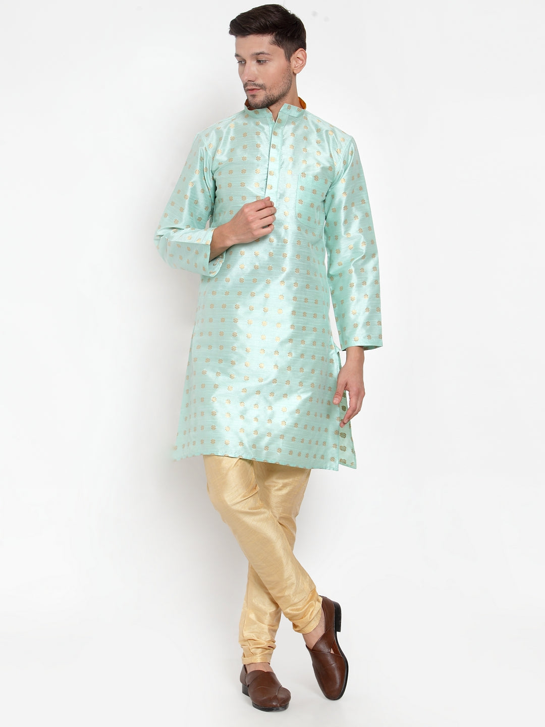 Green Cotton Silk Floral Party Kurtas
