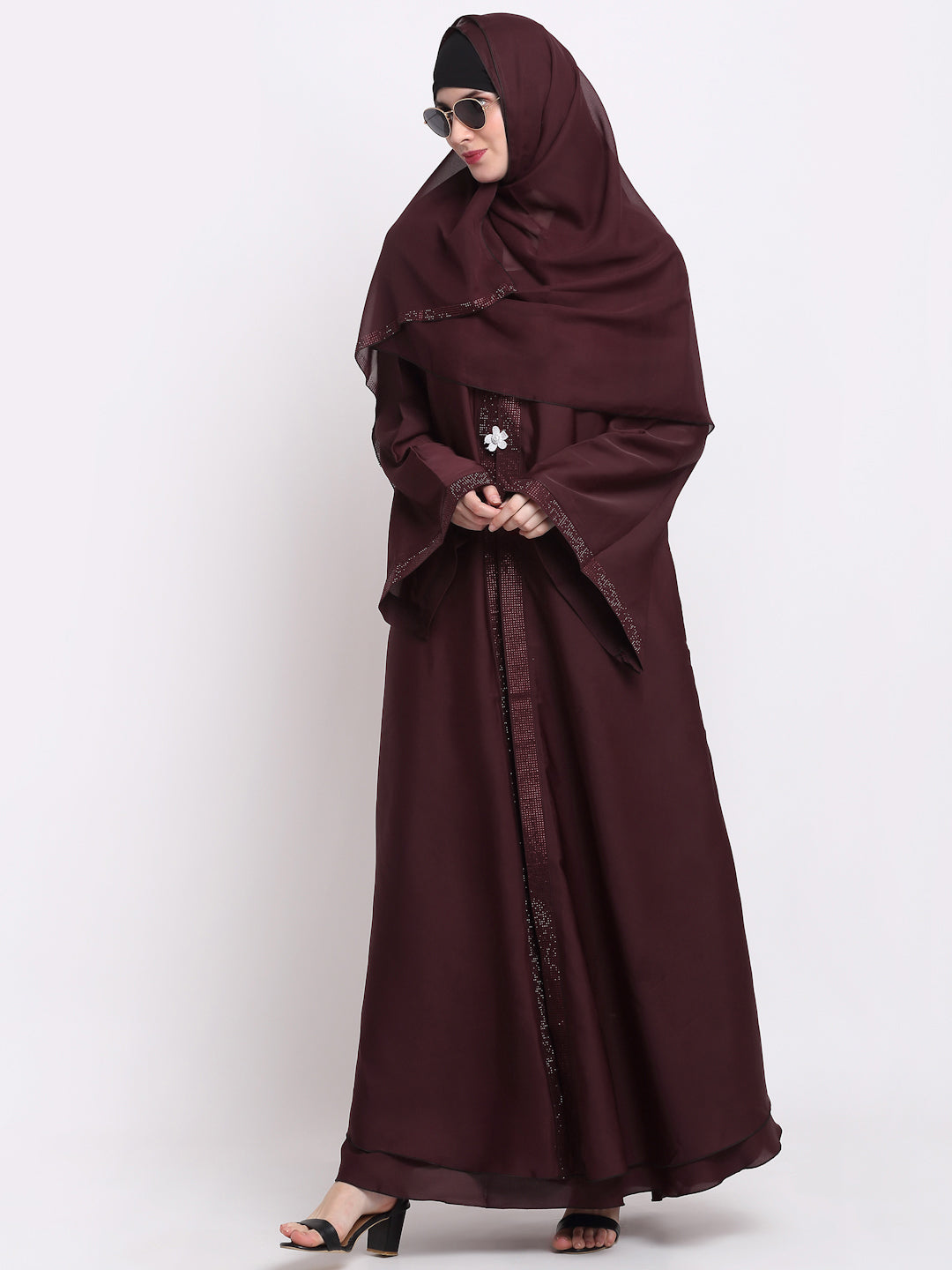 Klotthe Women Burgundy Embellished Burqa With Scarves