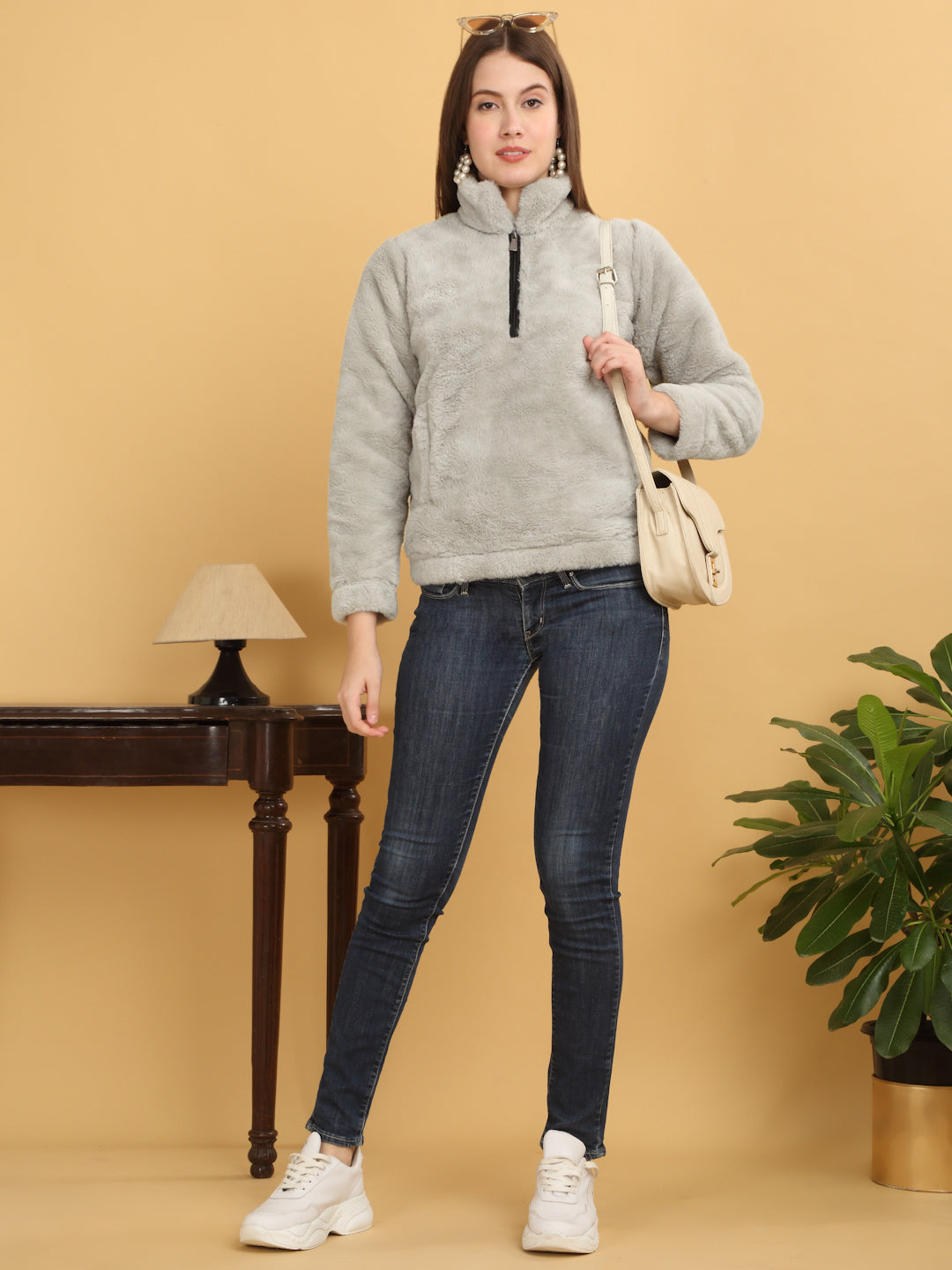 Klotthe Women Beige Solid Woolen Fur Winter Jacket