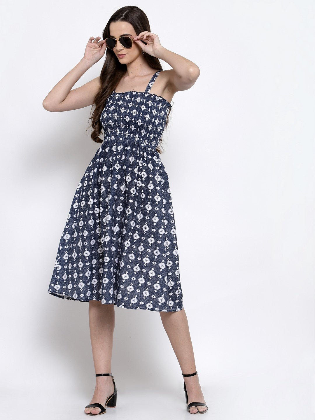 Klotthe Women Blue Floral Printed Smocked Fit & Flare Midi Dress