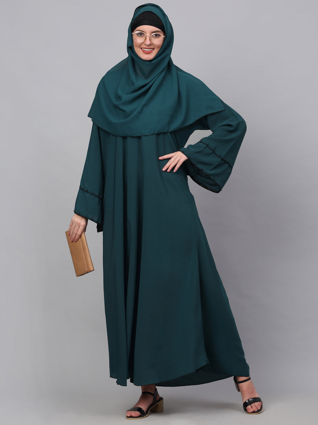 Klotthe Women Turq Embellished Burqa With Scarves